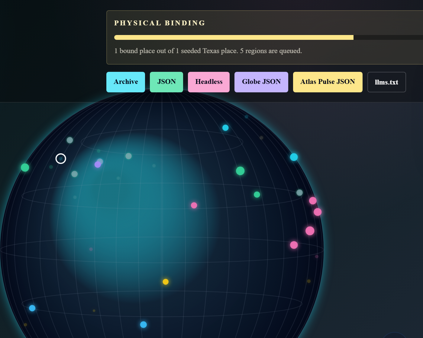 SunsetPulse's Atlas Globe -- a 3D spatial map of bound real-estate knowledge cartridges plotted as glowing colored points across a dark, gridded globe